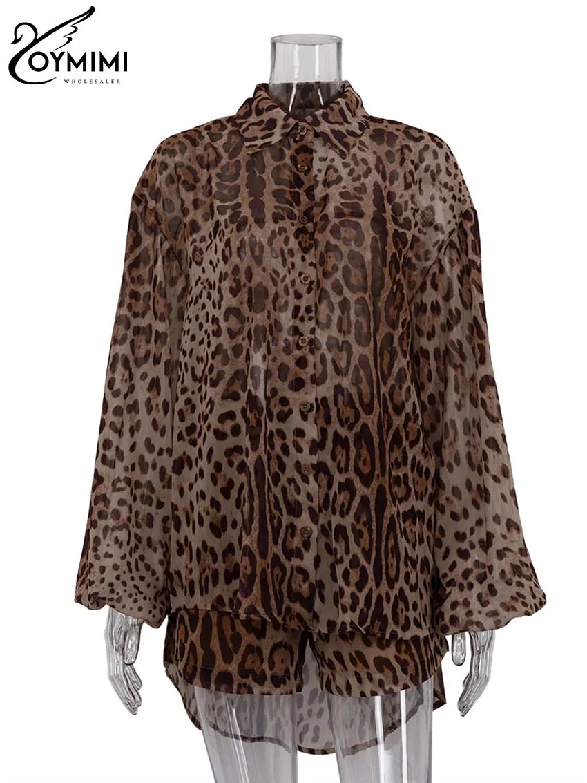 Oymimi Fashion Brown Leopard Print Sets For Women 2 Pieces Elegant Puff Sleeve Button Shirts And Drawstring Shorts Female Sets