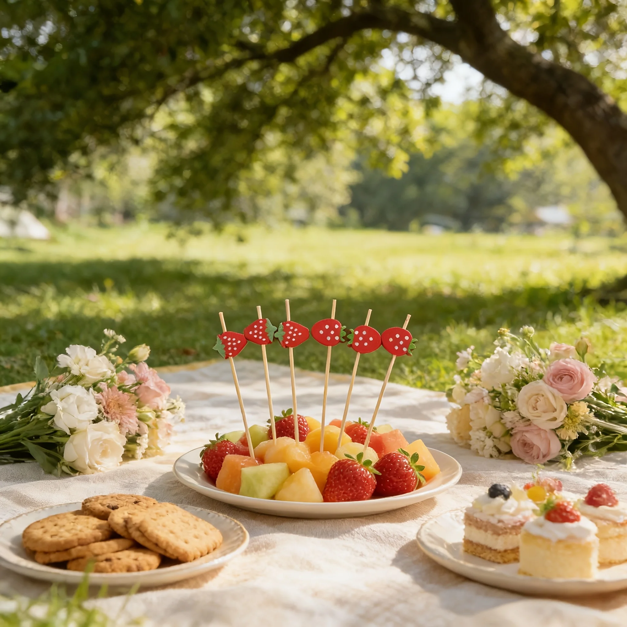 100pcs 12cm Strawberry Bamboo Food Picks, Decorative Fruit Toothpicks for Wedding Birthday Party Supplies