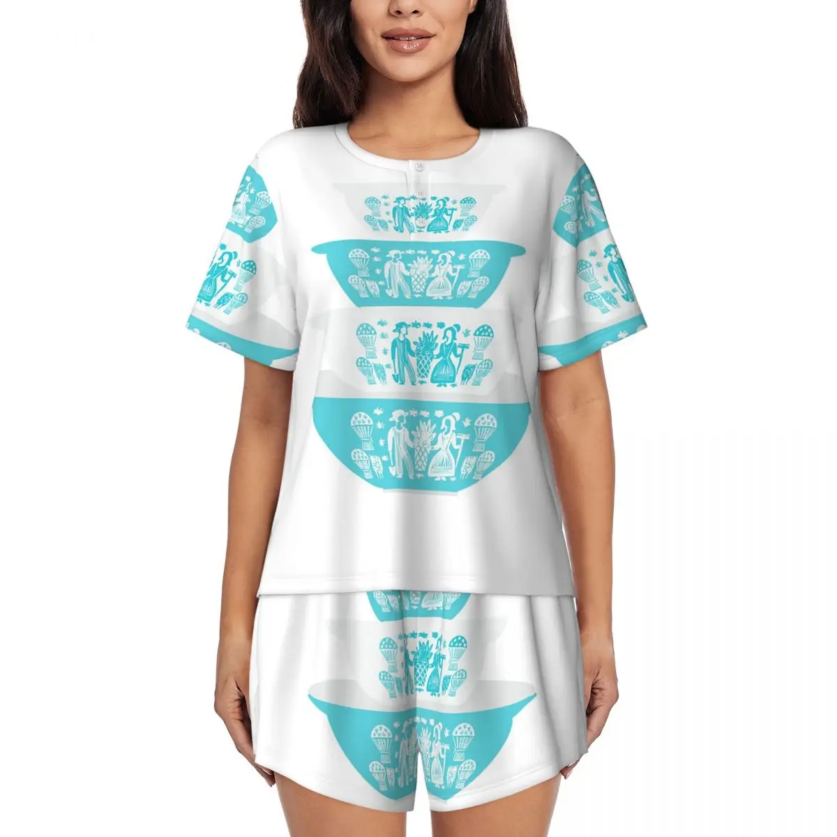 

Винтажный пижамный комплект Pyrex Butterprint: бирюзовые вложенные чаши-непроливайки, ночная рубашка с круглым вырезом и коротким рукавом, шорты для сна для женщин
