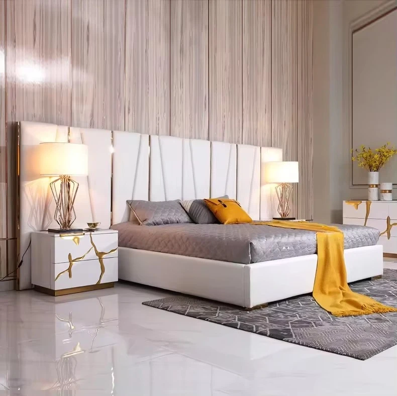 New Model Post Modern European Bedroom Furniture Sets Luxury Leather Double Bed Wide Headboard White Leather king Size Bed