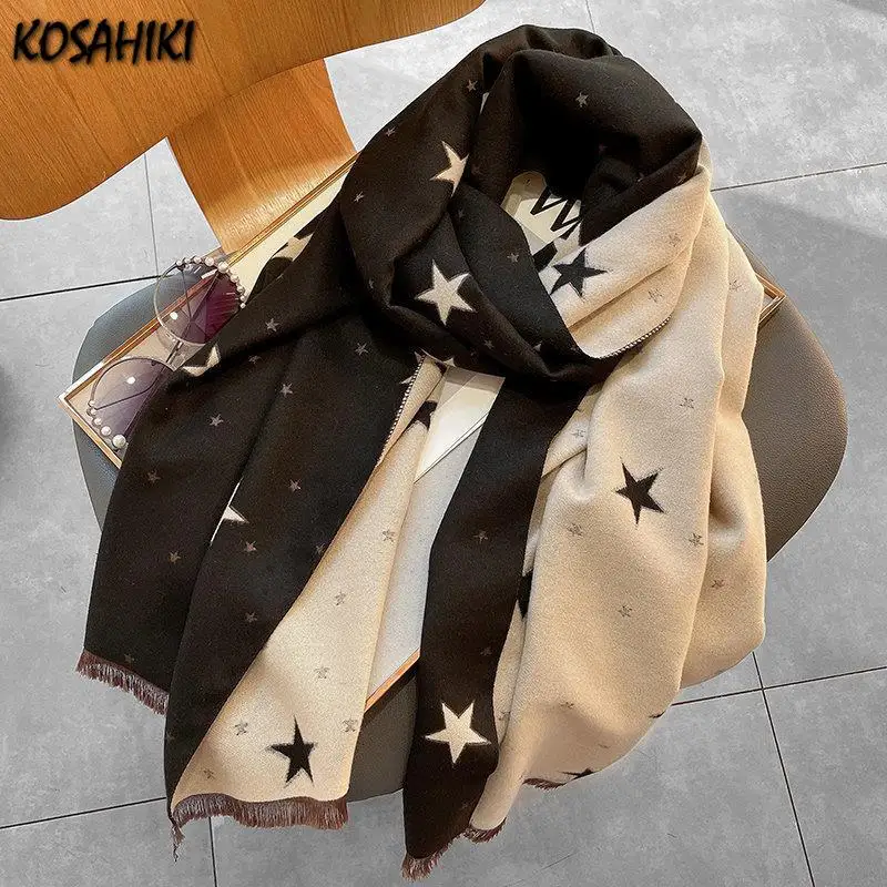 2024 Autumn New Punk Gothic Unisex Y2k Neckerchief  Streetwear Women Tassels Grunge Scarf Hip Hop Harajuku Star Printing Scarves