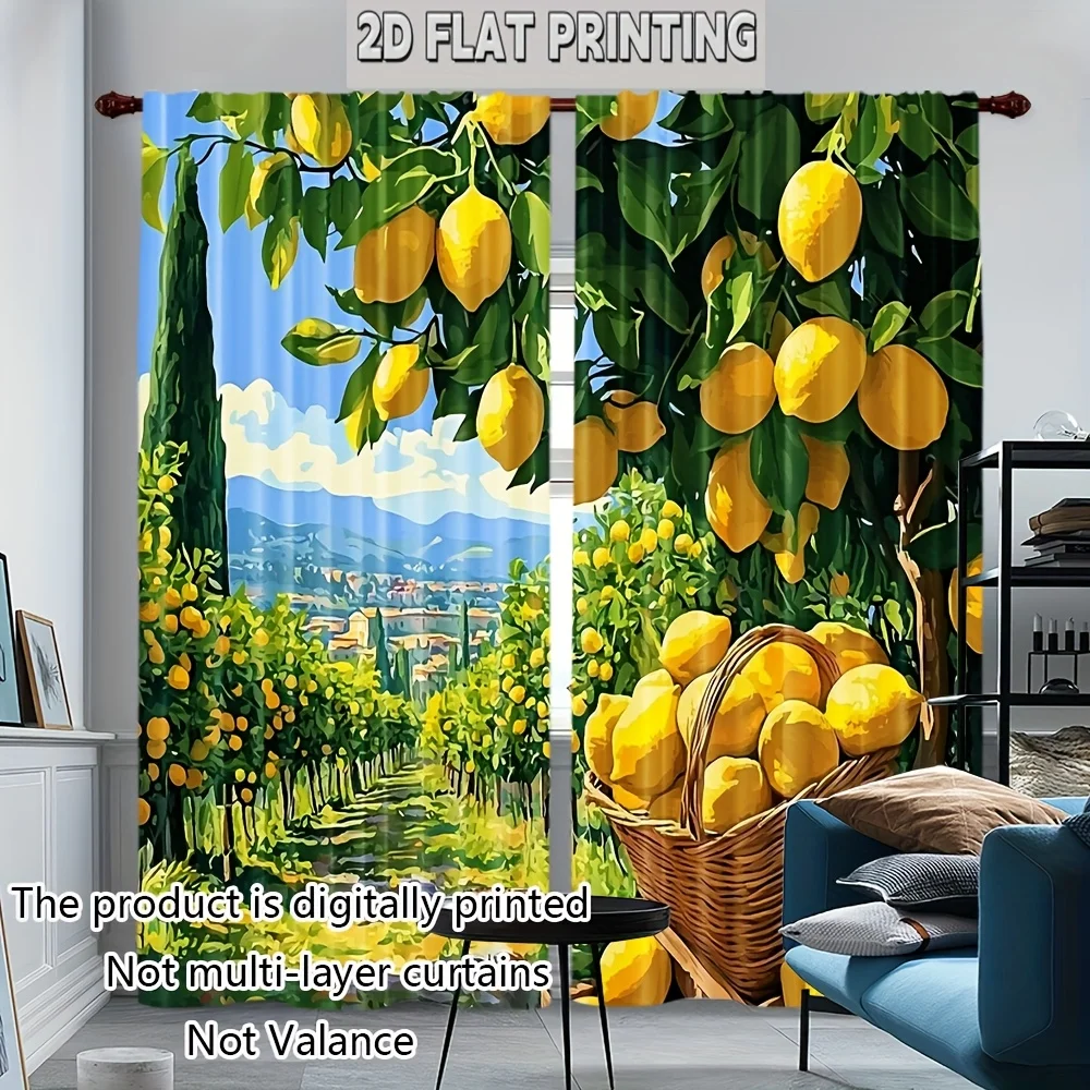Yellow Lemon Print Curtain Drapes Panel Set for Living Room Window Home Decor Summer Tropical Citrus Landscape Curtain Treatment