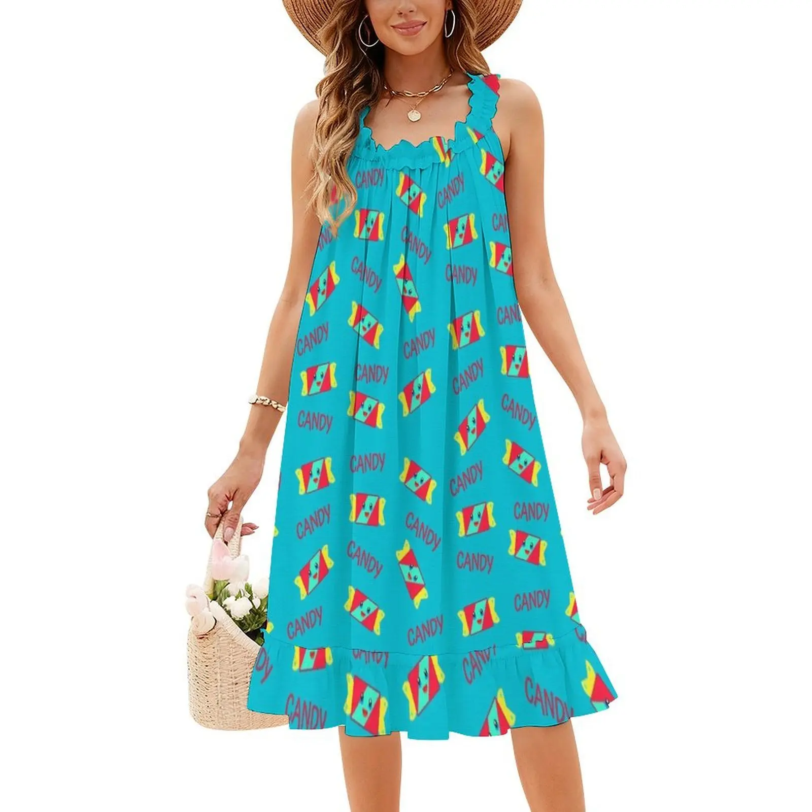 فستان Joy Kawaii كاندي بلو بخلفية بوهيمية بدون أكمام للنساء مطبوع فساتين حفلات الشاطئ كاندي كاندي هارد كاندي جوي #4