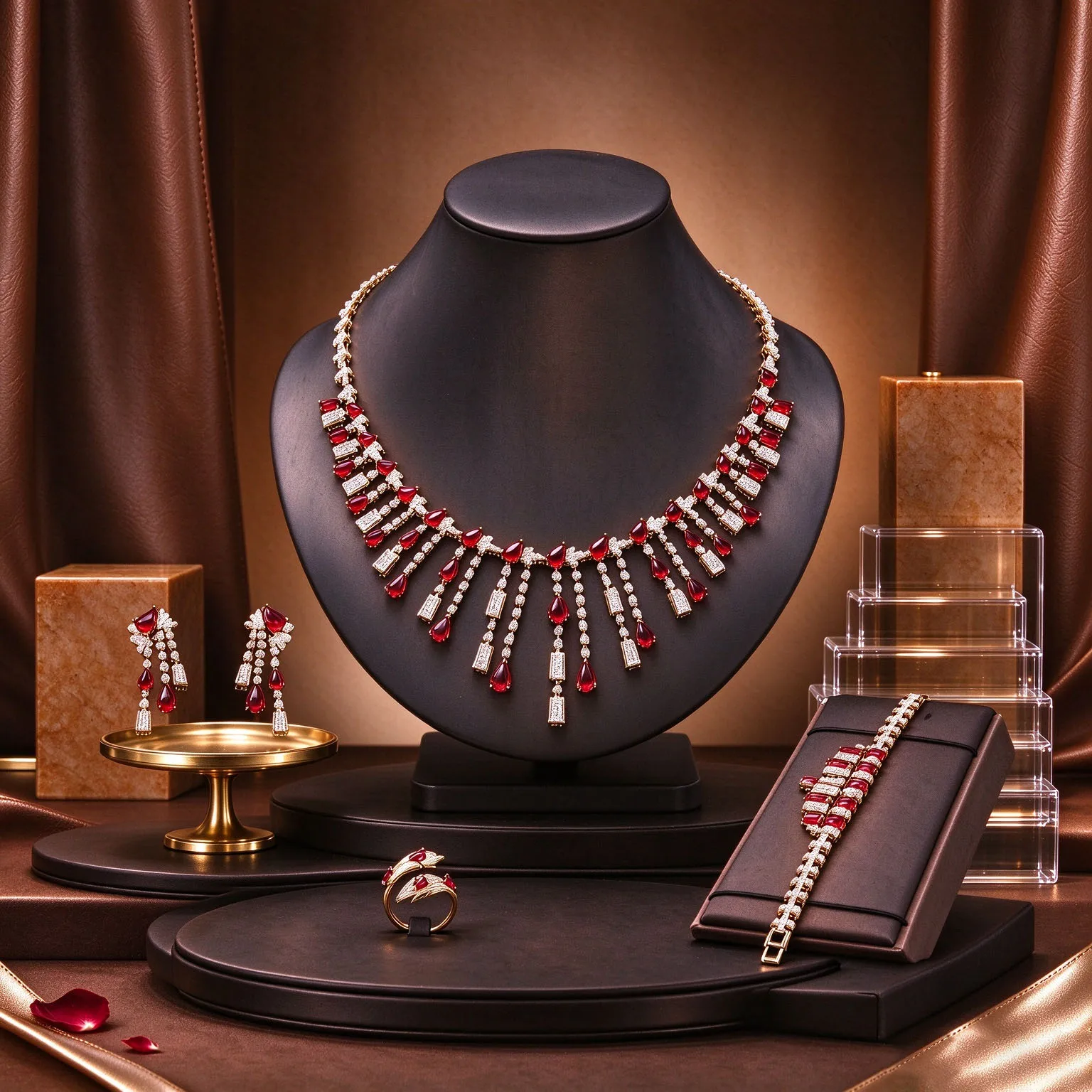 HIBRIDE Pop Winter Deluxe Red Necklace and Earrings Jewelry Set Suitable for Wedding Bridal Ball Accessories Gift S-1315