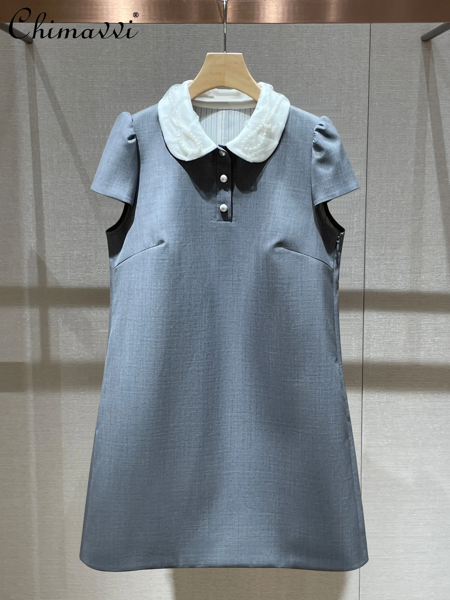 

French Style Elegant Sweet Socialite Doll Collar Short Sleeve A-line Grey Temperament Short Party Dress For Women 2026 Summer