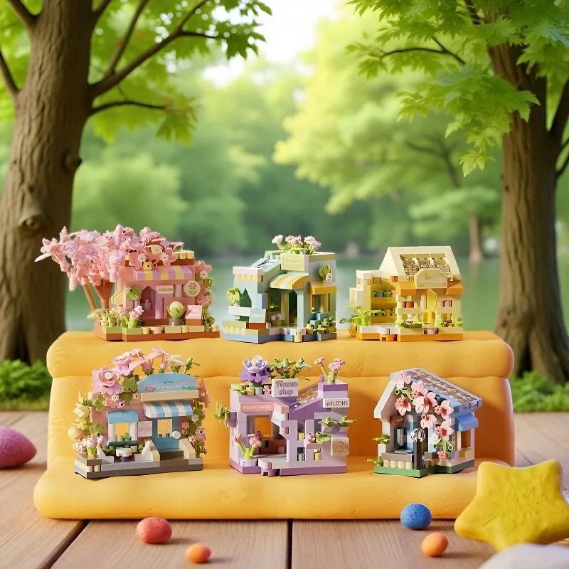 Mini City Street View Flower Shop Food House Building Blocks Kit Home Decor Girls Assembly Bricks Model Kids Educational Toy