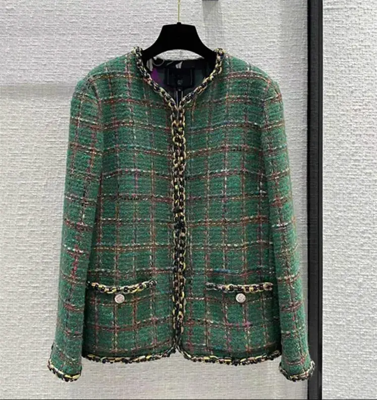 European and American women's clothing 2024 autumn new Round neck Long sleeve green plaid fashion The tweed jacket