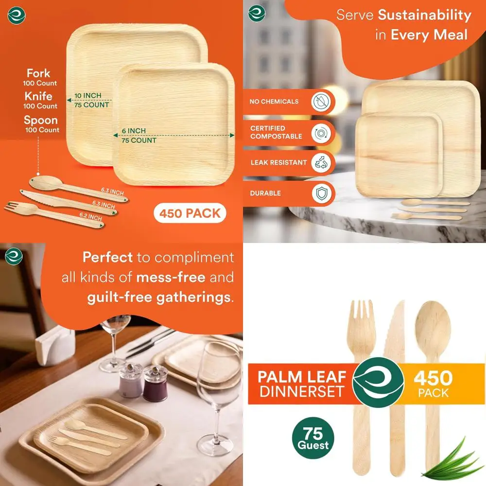

Экологичный набор столовой посуды с пальмовыми листьями для 75: 10 и 6 квадратных тарелок и столовых приборов | Биоразлагаемый для мероприятий