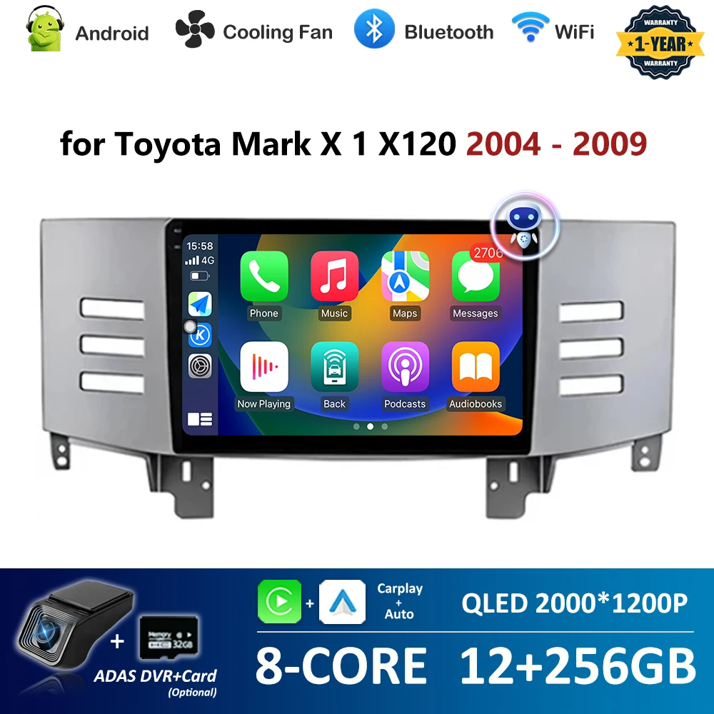 

Автомобильный видеоплеер для Toyota Mark X 1 X120 2004-2009, Bluetooth, IPS экран, Android, Авторадио Carplay, Wi-Fi, FM, DSP, EQ