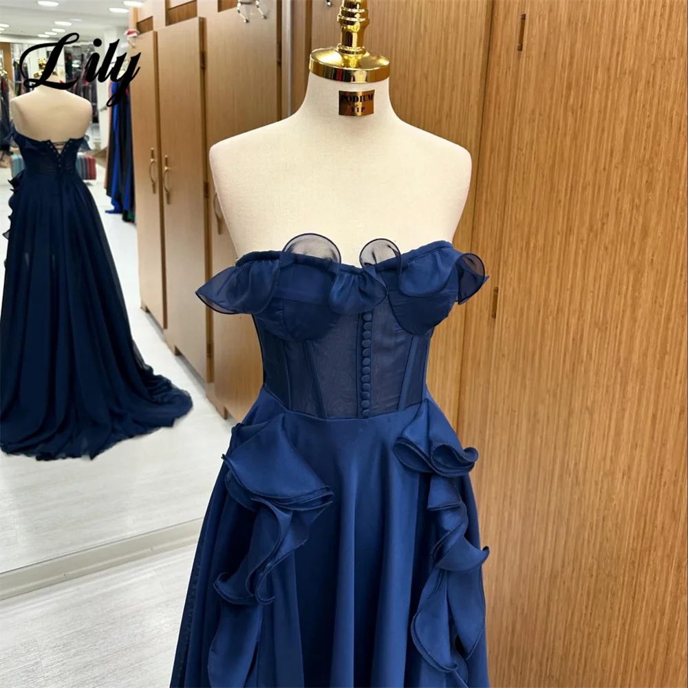 Lily Azul Marinho Praia Vestido de Baile Em Camadas Vestidos de Celebridades Querida Vestido de Noite Feminino Botão Strapless Vestido Formal Nomealivement ”.tzo Dende