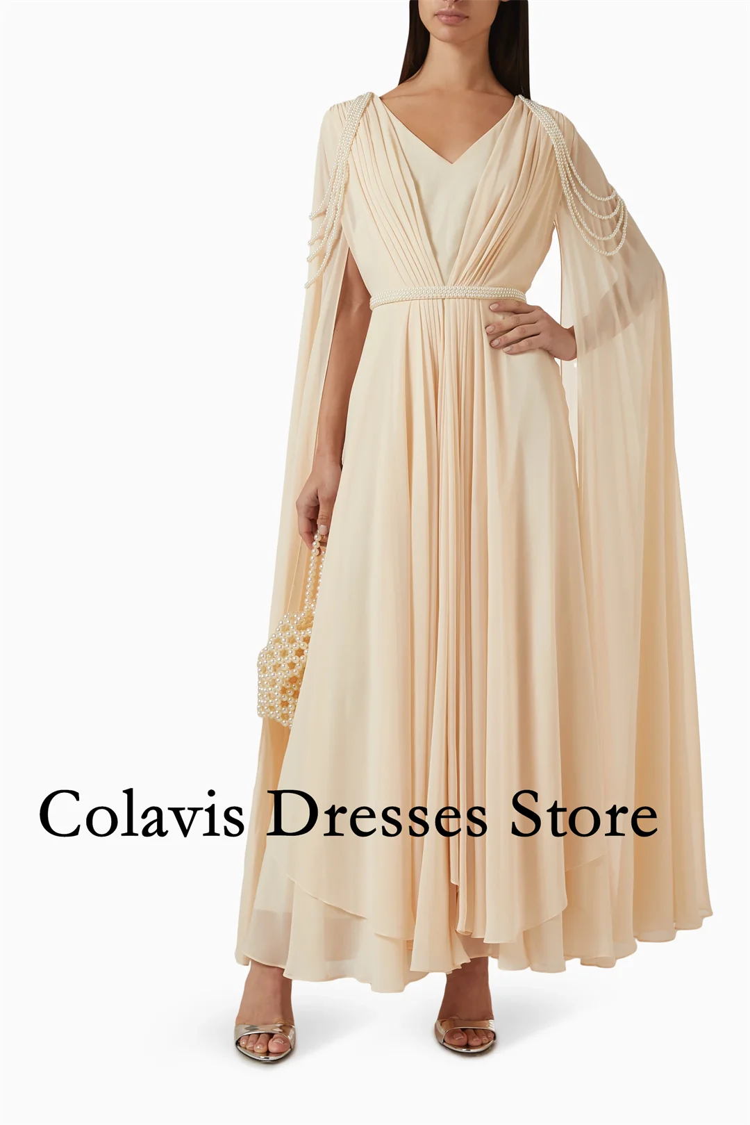 

2025 Customized Drape Pearl-Embellished Dress in Chiffon Beige Prom Dresses Evening Dress Women Evening Gowns Formal Party Dress