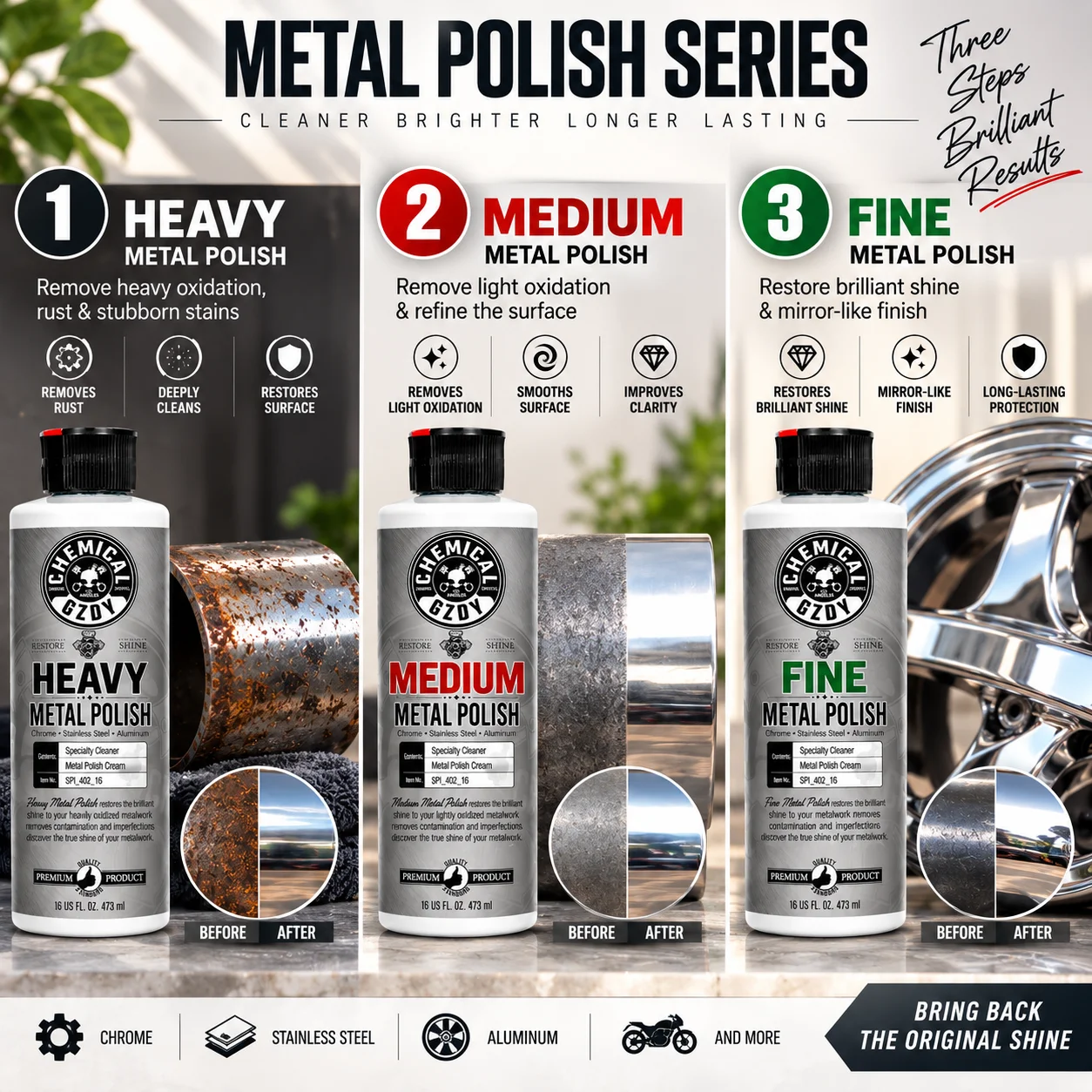 Heavy/Medium/Fine Metal Polish 3‑Bottle Set, 473ml Each, Oxidation Removal & Mirror Shine for Stainless Steel, Chrome & Aluminum