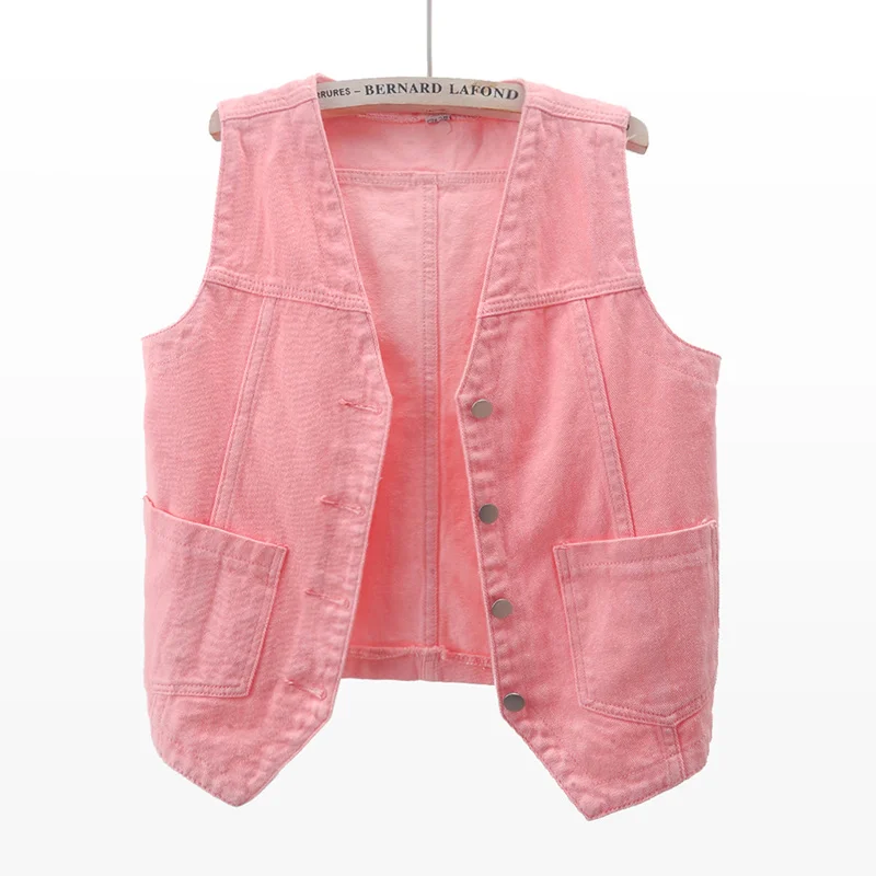 

Fashion Pink Denim Vest Women Slim Short Waistcoat Student Cowboy Sleeveless Jacket Coat Big Pocket V Neck Jeans Vests Female