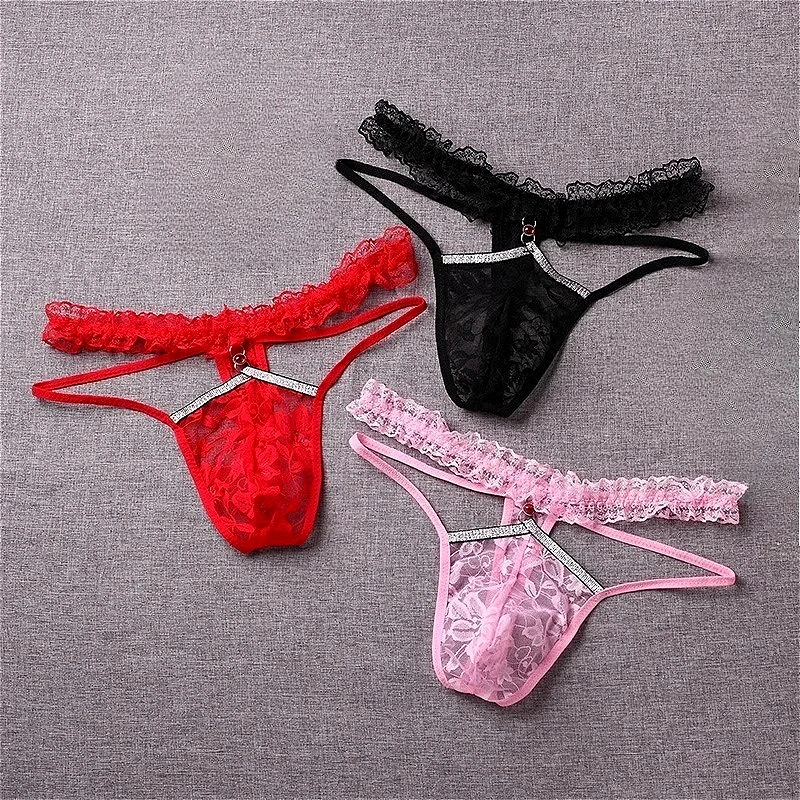 Sexy Lace Fem Boy Pantys Transparent Mens Thongs and G Strings Breathable Buttocks Hollow Underwear Low Rise Silky Sissy Panties