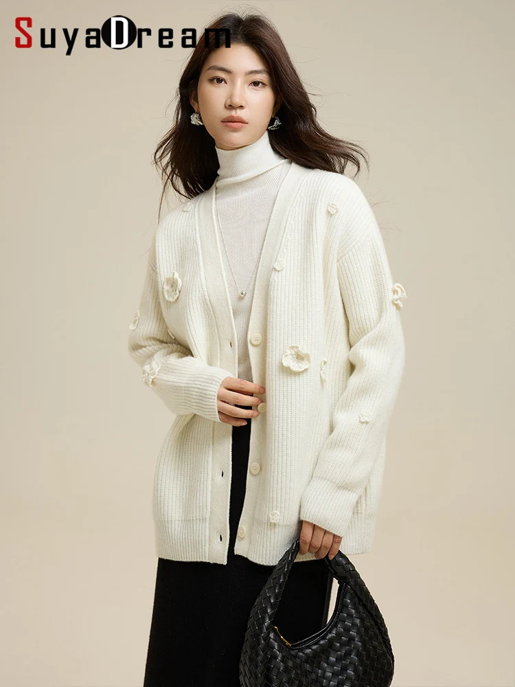 SuyaDream, Long Cardigans For Woman, 100%Sheep Wool, Appliques Flowers Chic Sweaters, 2024 Fall Winter Jackets