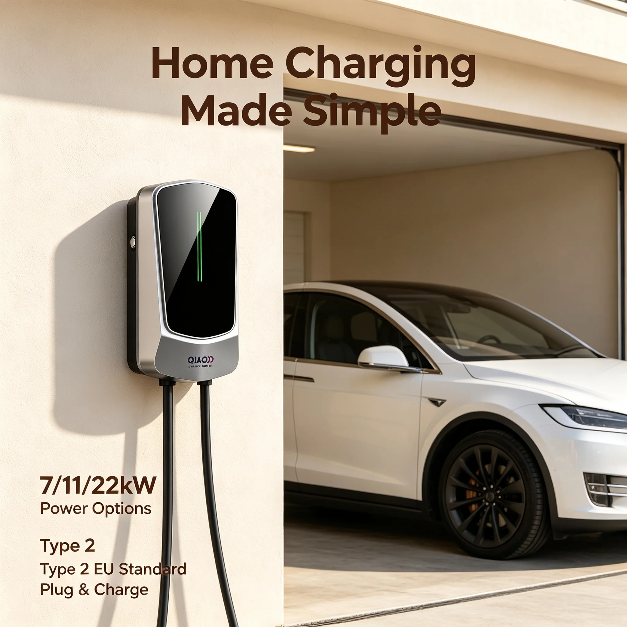 QIAO Type 2 Charging Stations Plug & Charge with LED Display Electric Car Charger Home Wallbox Charger 7KW/11KW/22KW Q6