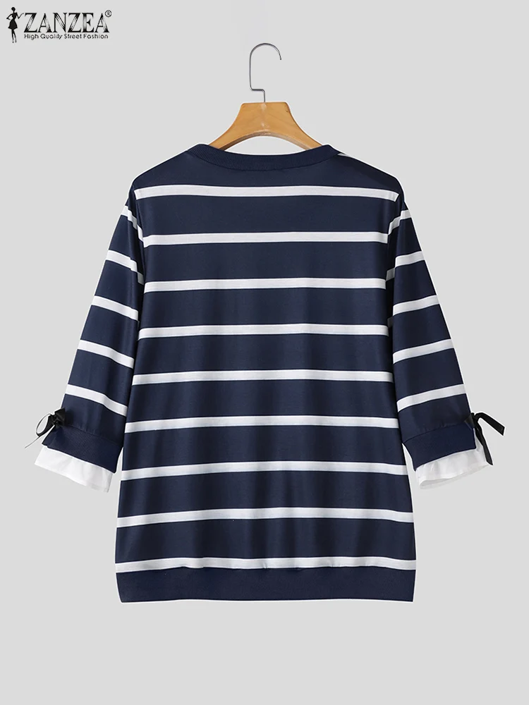 ZANZEA Elegant Women Stripes Blouse Vintage Chic 3/4 Sleeve Tops Tunic 2024 Autumn Harajuku Loose Shirt Casual Round Neck Blusas