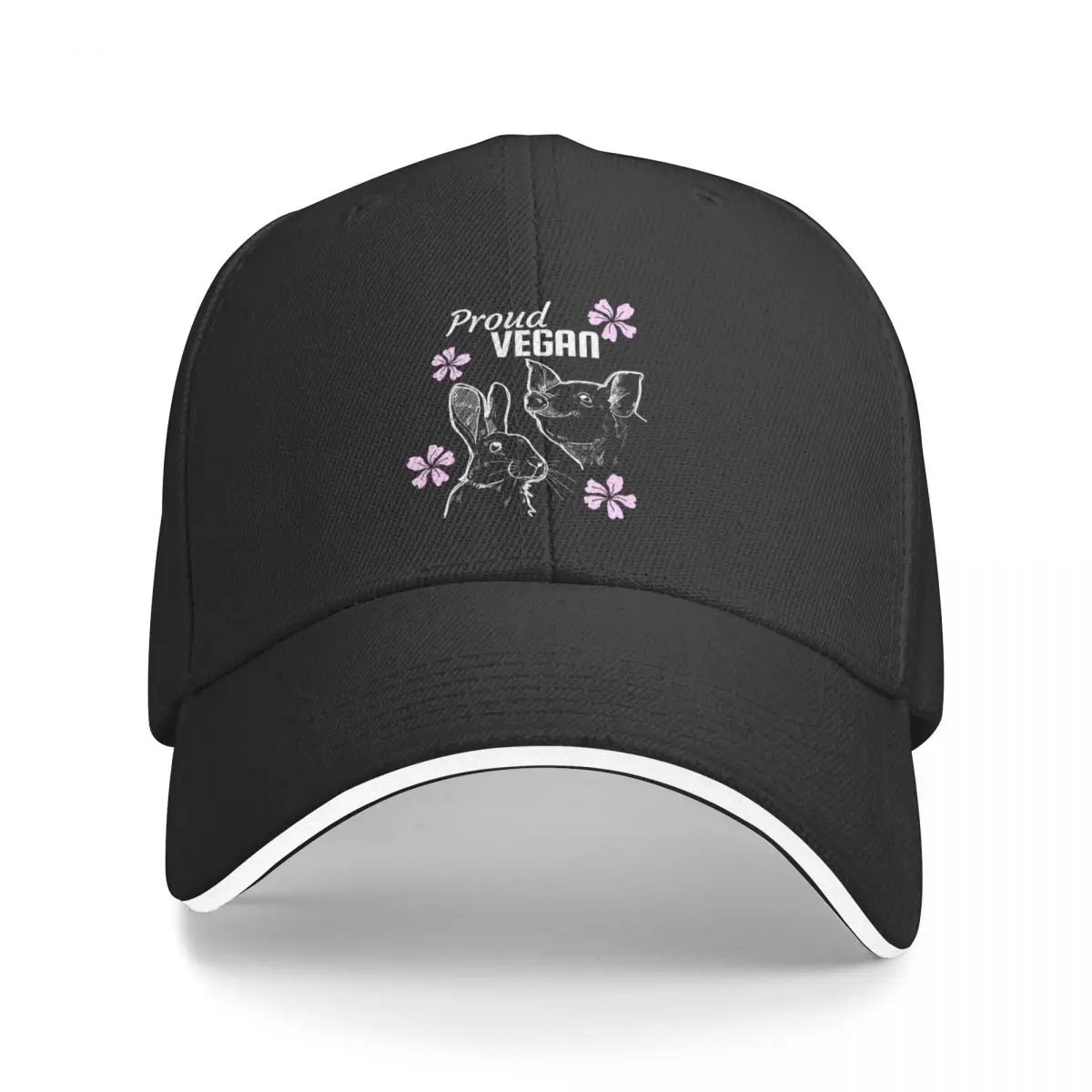 

Proud vegan text with some pink flowers and pig and a rabbit Baseball Cap New In The Hat cute Women Men's