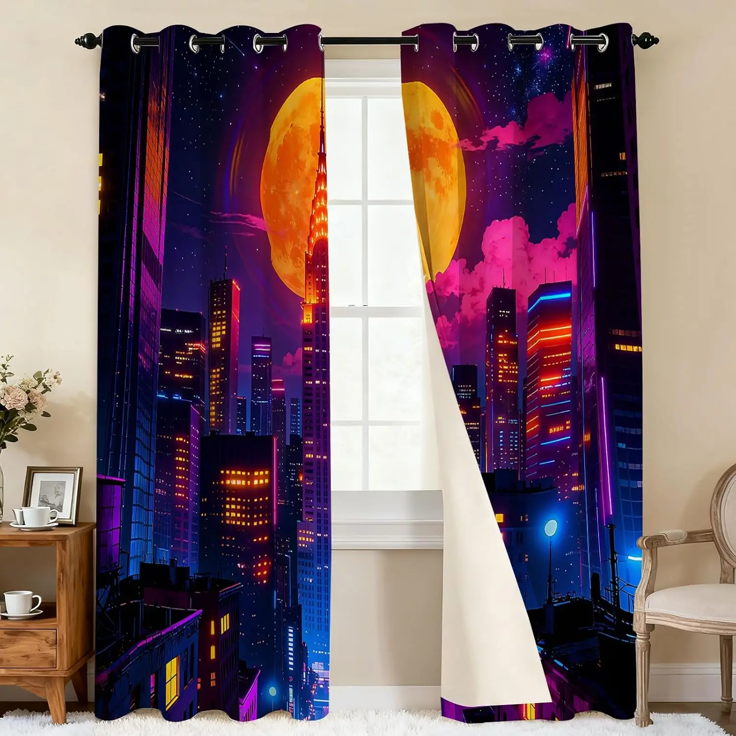 Abstract Neon City Skyline Curtains Moon Sunset Landscape Decorative Window Drapes Panels for Modern Bedroom Living Room Decor