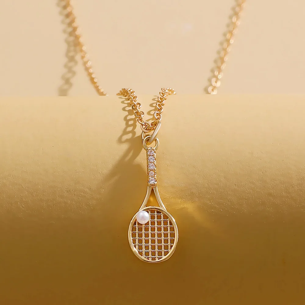 

Tennis Racket Necklace Small Racquet Charm Micro Pave Zircon Stainless Steel Lightweight Unisex Retro Punk Daily Jewelry