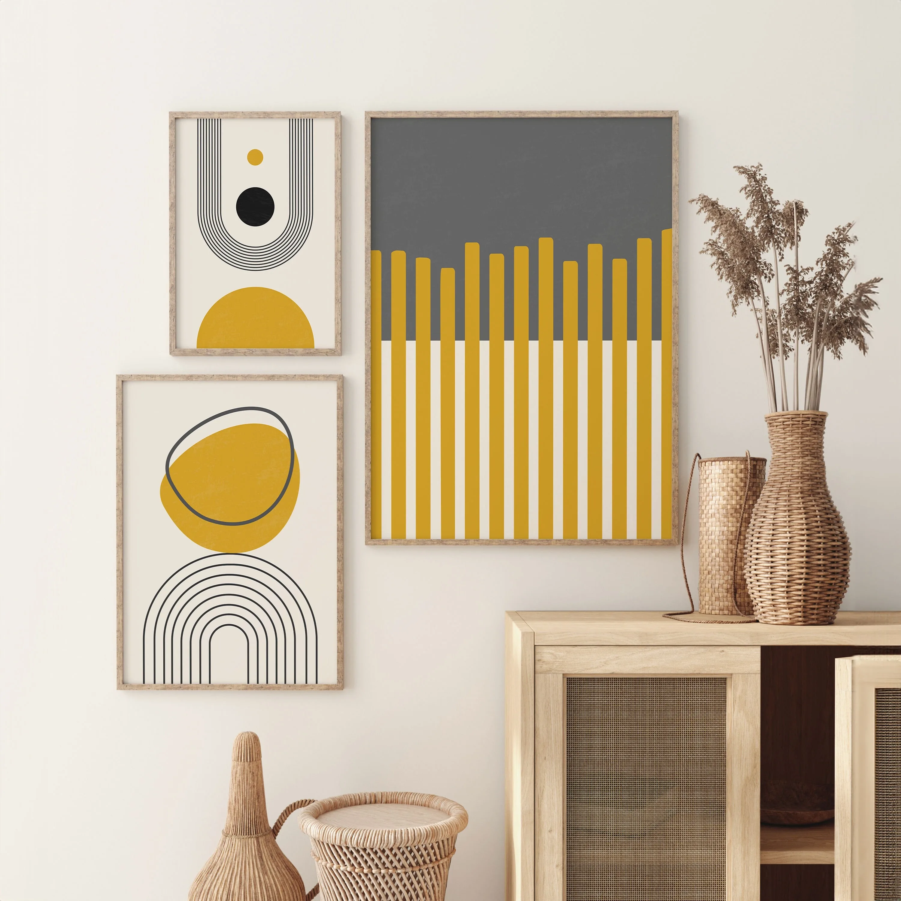 Neutral Abstract Art Print Set of 3, Mustard Yellow Wall Art Print, Boho Printable Wall Art, Mid Century Modern Poster