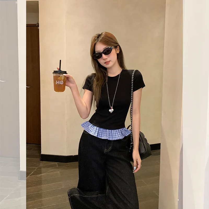 

Unique Super Beautiful Plaid Ruffled Patchwork Round Neck Short Sleeve T-Shirt for Women Summer New Slim Fit Elegant Top