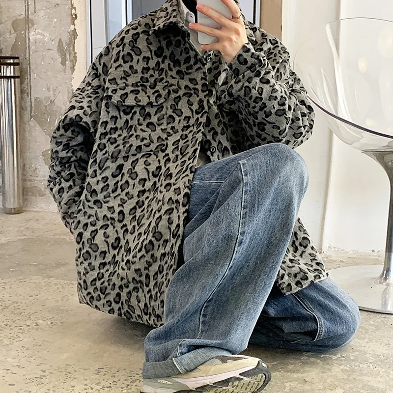 Winter Woolen Coat Men Warm Retro Leopard Print Jacket Men Streetwear Hip-hop Loose Short Woolen Coat Mens Thicken Jackets