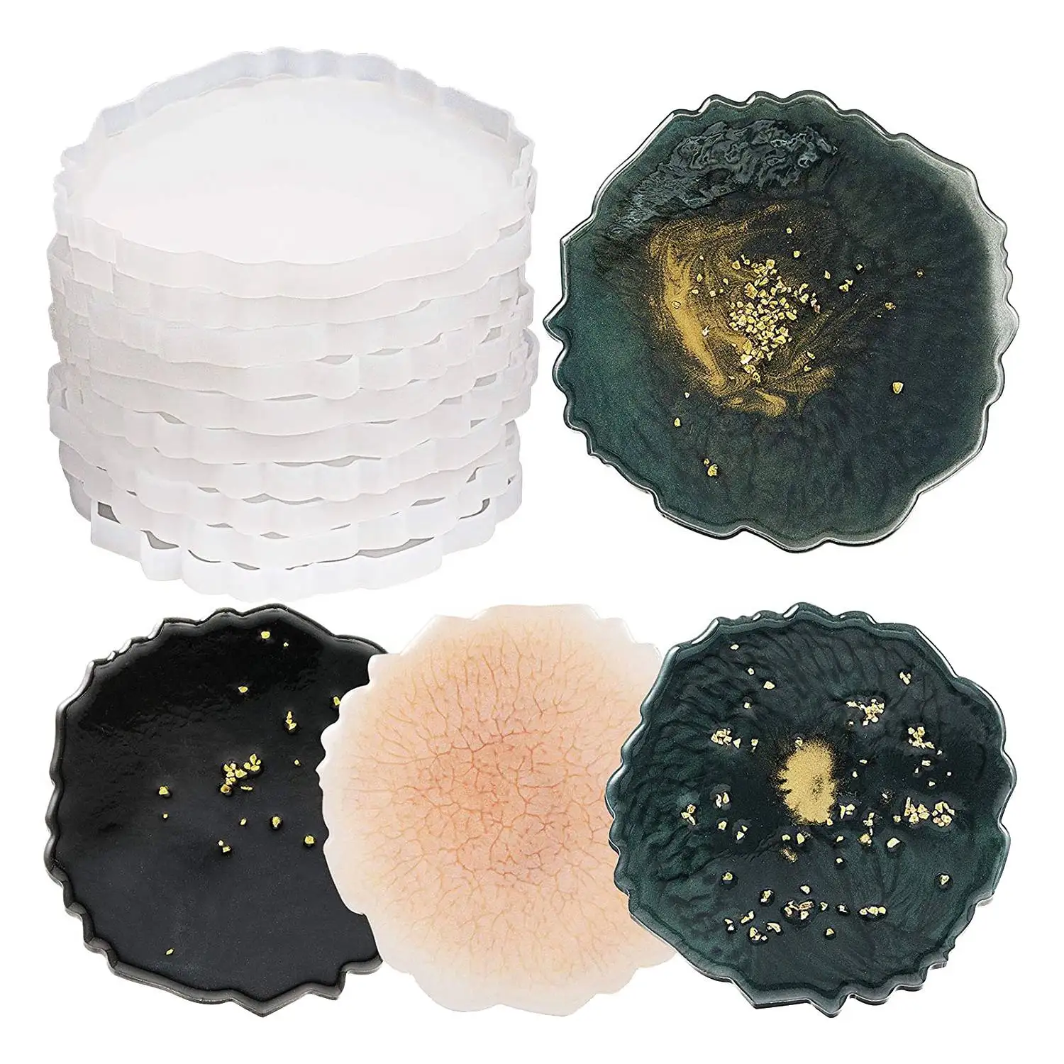 (A02R] 10 Pcs Silicone Coaster Resin Casting Making Mold,Coaster Epoxy Molds Craft DIY, Home Decoration