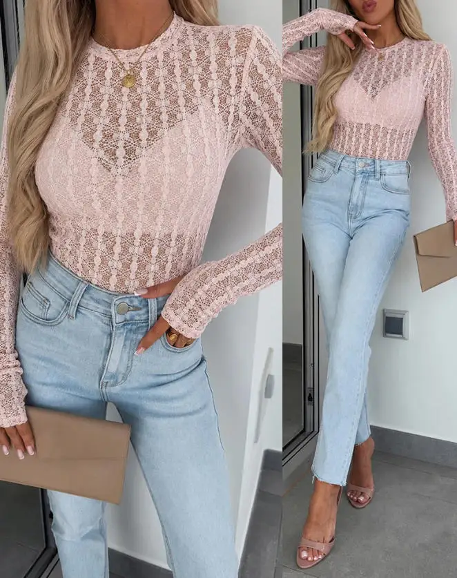 Women's Fashion Textured Jacquard Sheer Lace Top 2026 Spring New Round Neck Long Sleeve Layering Tee with Thumb Hole Cuffs
