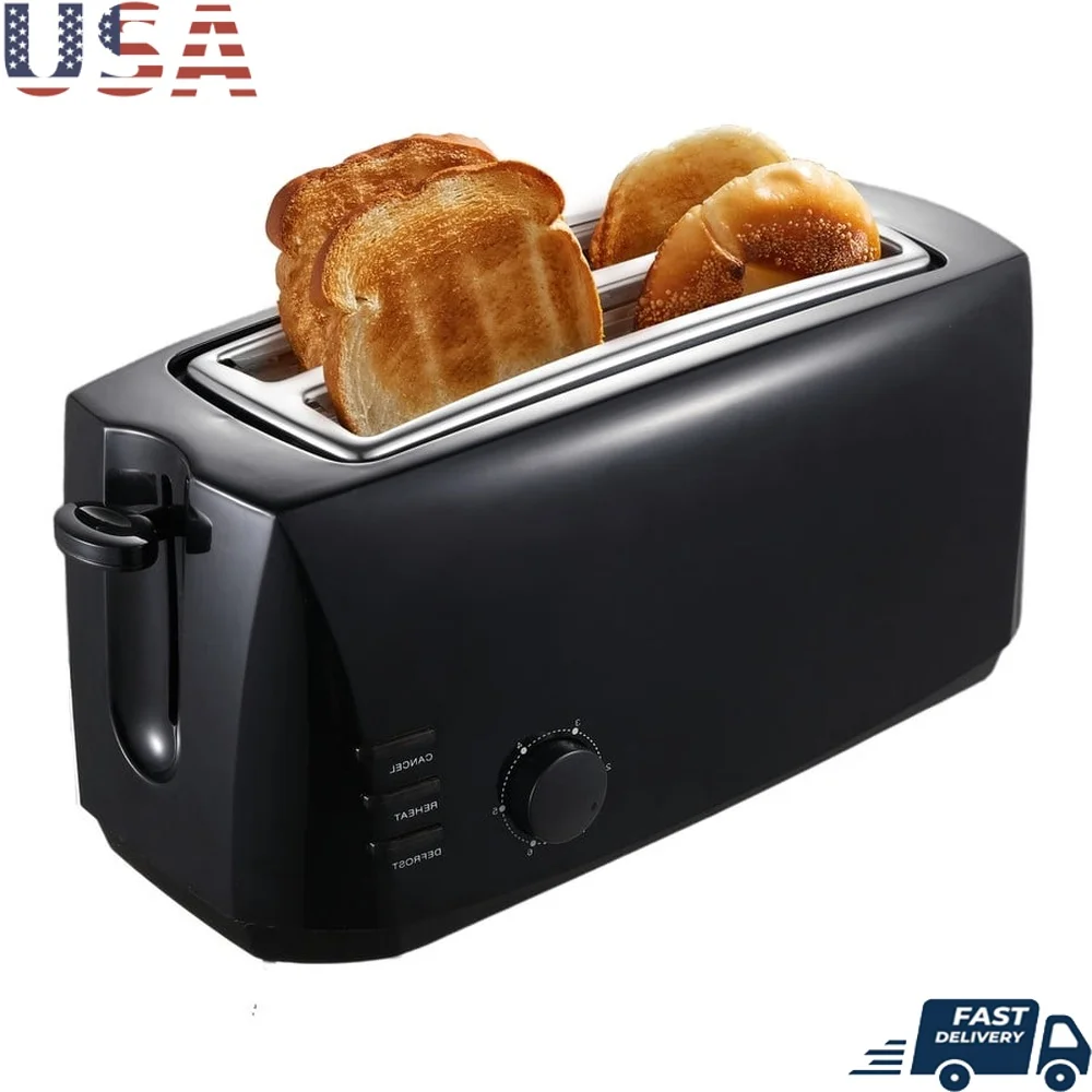 

4 Slice Long Slot Toaster Extra Wide Cool Touch Self Guided Toasting 6 Shade Settings Cancel Reheat Defrost Functions Easy Clean