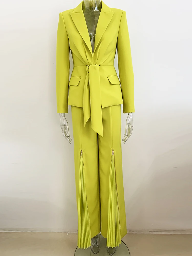 HIGH QUALITY Newest Fashion 2024 Designer Runway Suit Set Women\'s Belted Blazer Jacket Wide Leg Pleated Pants Set Two pieces