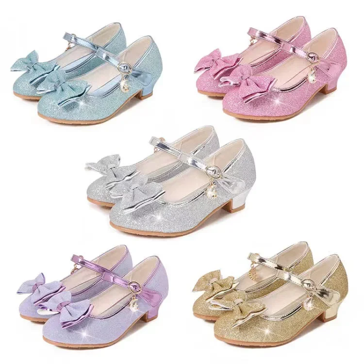 Girl Leather Shoes Mary Jane Sequins Bowtie Kids Princess Causal Dress Shoes for Party Wedding Fashion Sweet Children High Heels