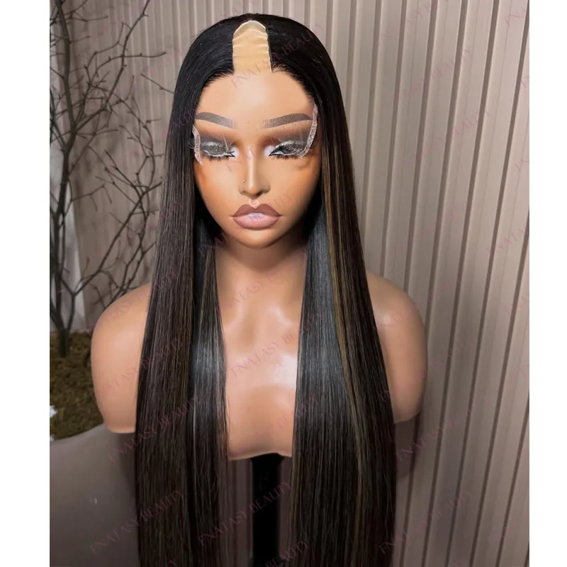 Middle U Part 100% Human Hair Silky Straight Highlight Brown Blonde Wigs for Black Women Adjustable Natural Hairline V Part Wigs