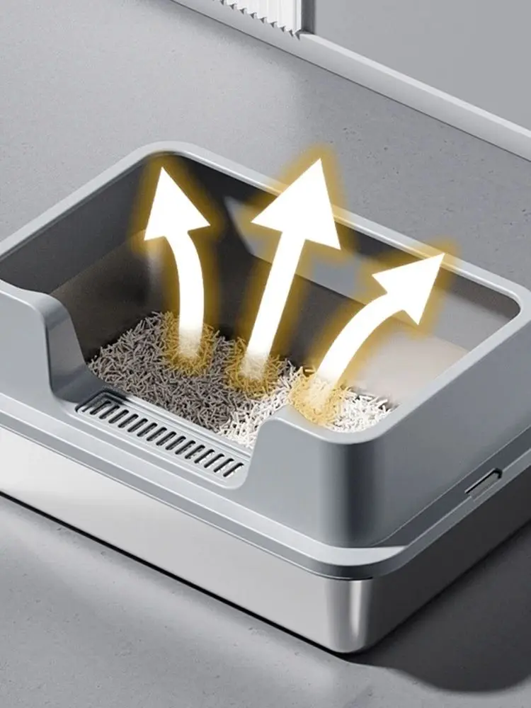 Katzentoilette aus Edelstahl, hochseitige Katzentoilette, extra große Katzentoilette, XL-Metallstreifentablett, mit Katzentoilette