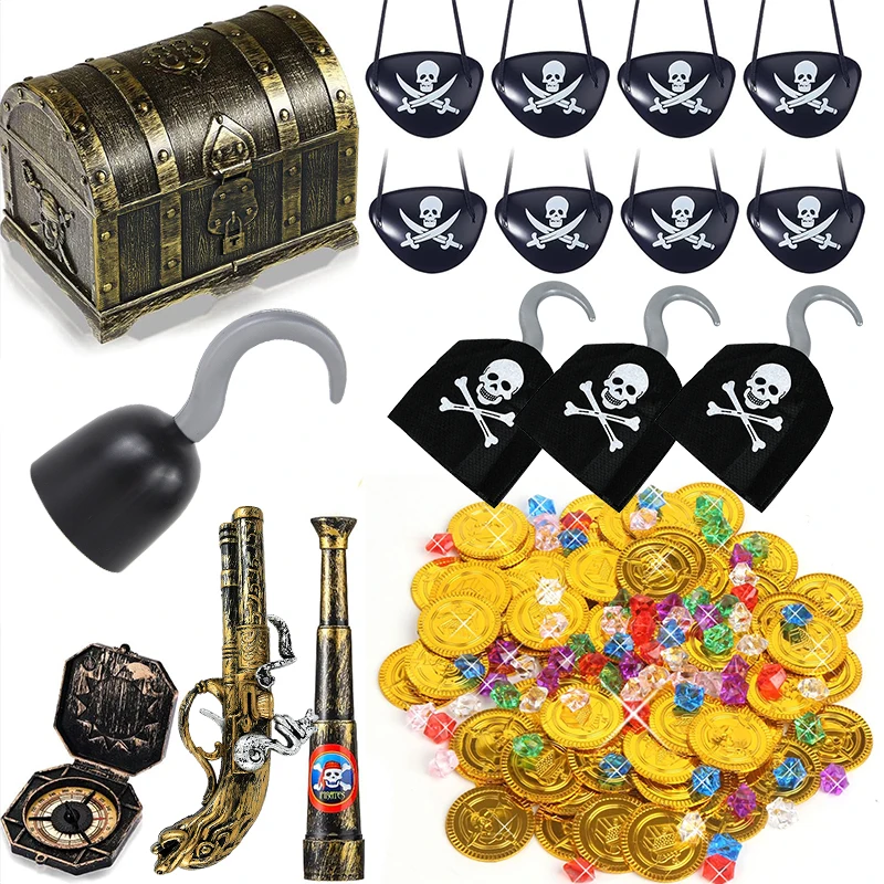 Pirate Captain Cosplay Costume Props Pirate Gold Coins Jewels Gems Treasure Box Kids Favors Gift Toys Halloween Decorations