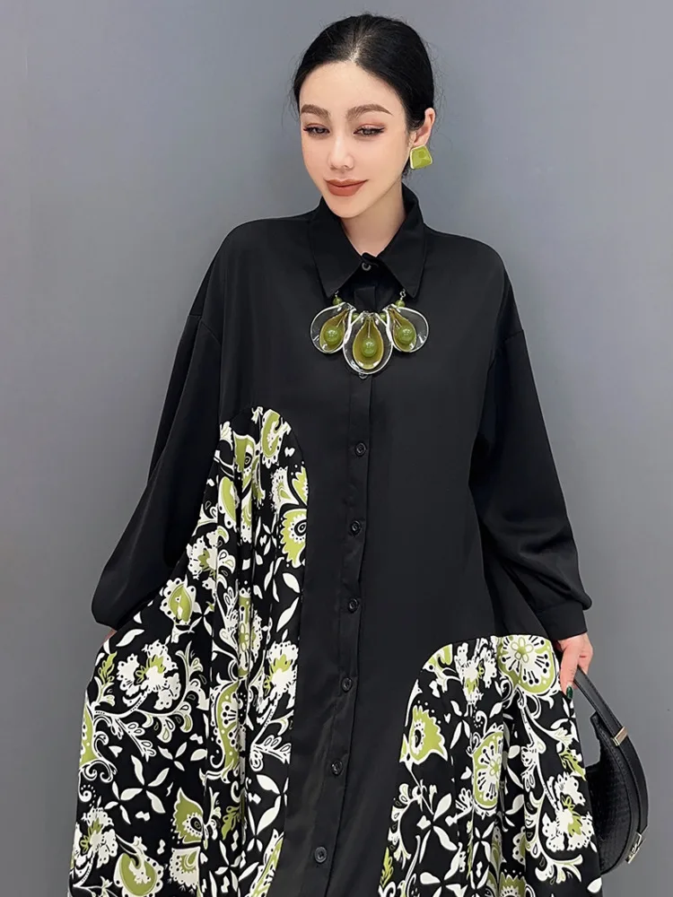 SHENGPALAE Patchwork Dress With Large Swing 2024 Spring New Button Long Sleeve Fashionable Dress For Women Chic Clothes 5R9718