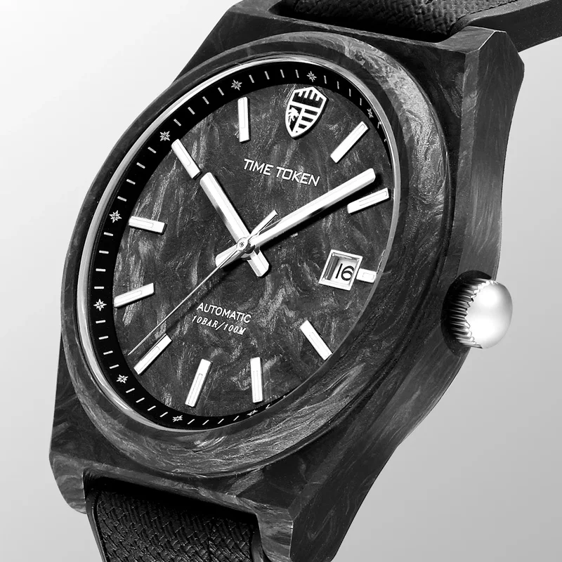 Carbon Fiber Men Watch 41mm Automatic 8215 See-through Back 100 meters Water Resistant Rubber Strap