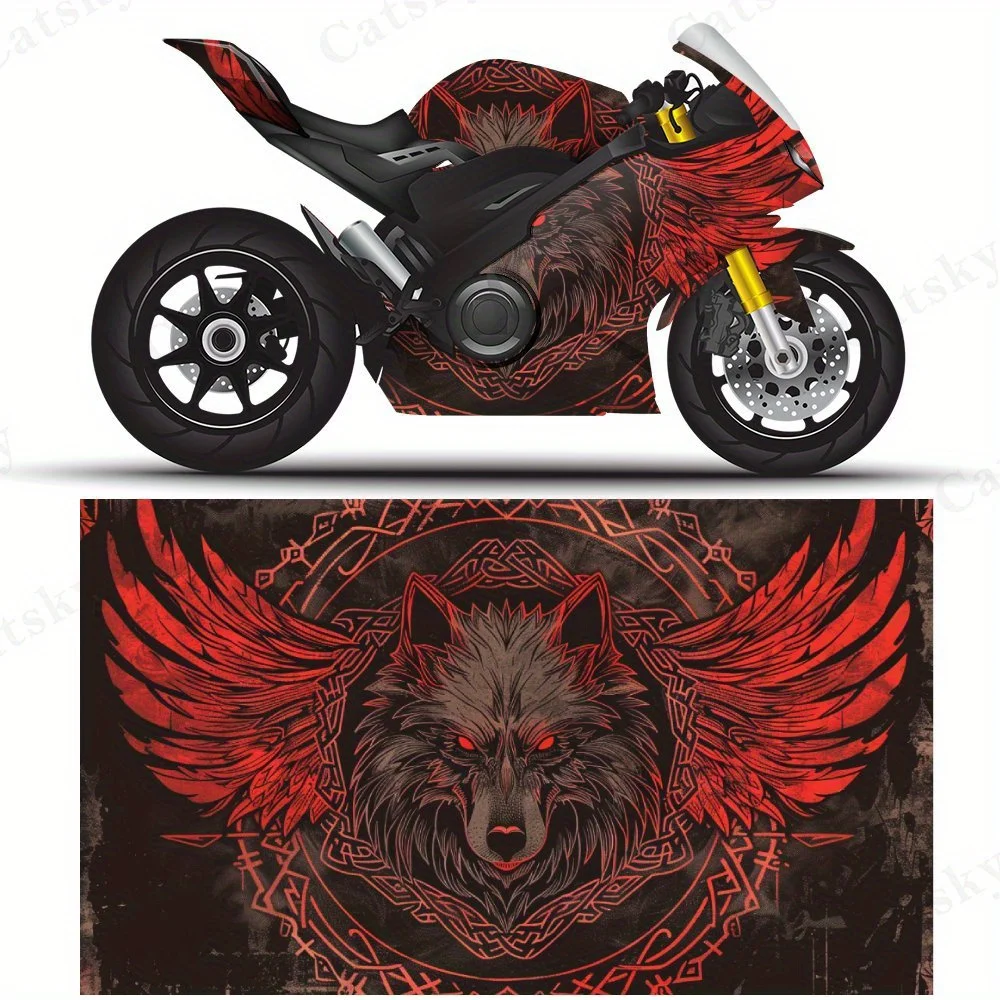 

Red Winged Wolf Spirit Motorcycle Vinyl Wrap, PVC Self-Adhesive Waterproof Motorcycle Sticker, Anti-Scratch Decorative Film for