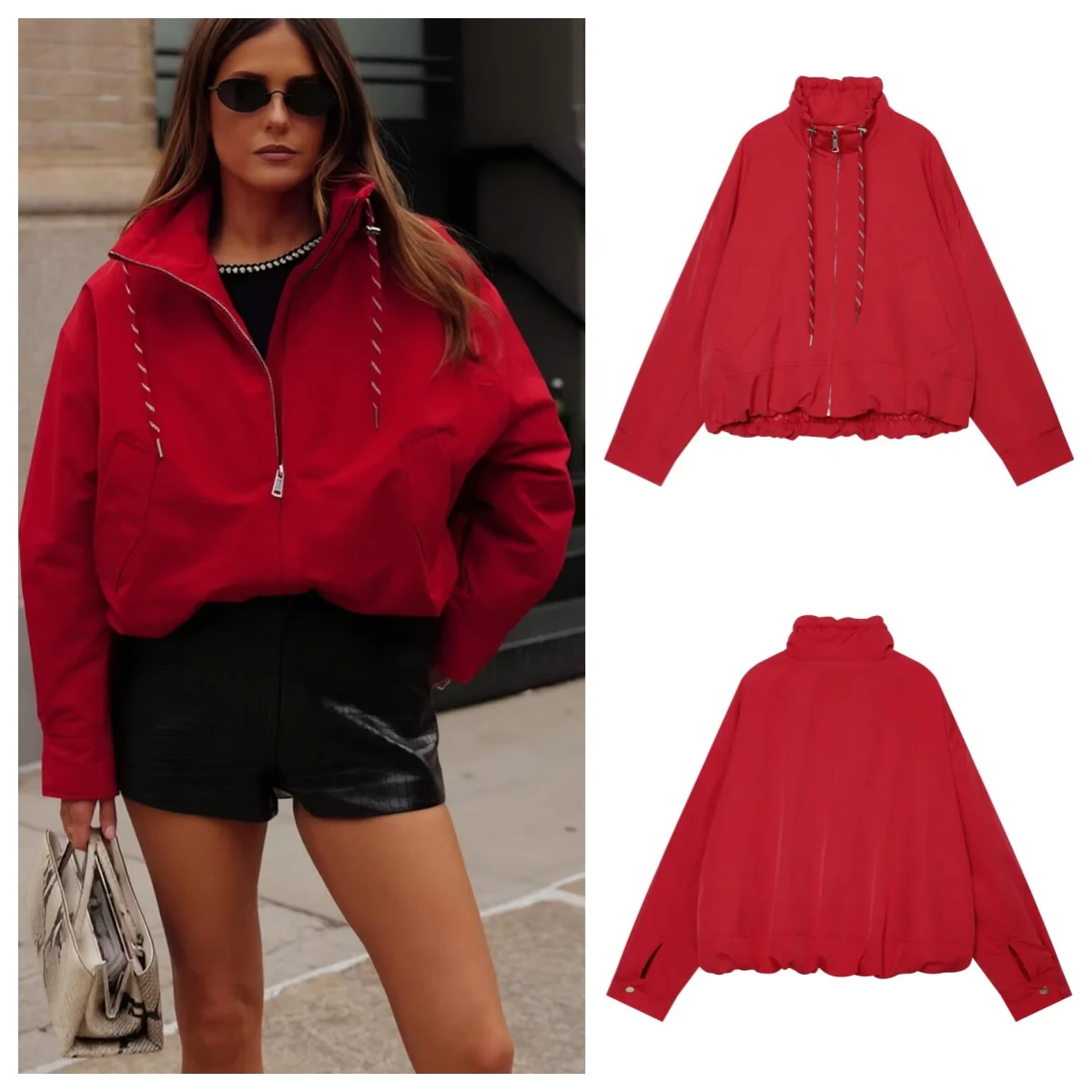 Women's Water Resistant Cropped Padded Jacket Stand Collar Drawstring Zip Up Long Sleeve Loose Fit Warm Casual Outerwear