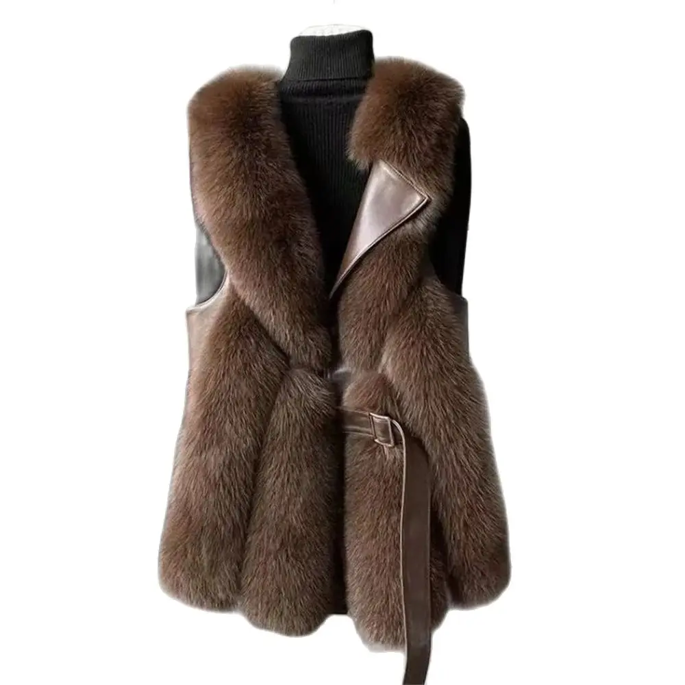 Women's Faux Fox Fur Waistcoat Slim Jacket Chic Sleeveless Vests with Belt New Fashion Vest 2024