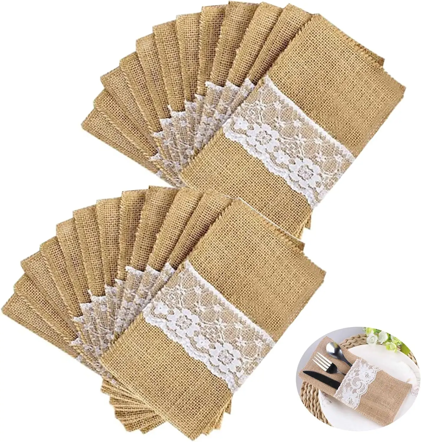 24pcs cutlery holder burlap cutlery bag lace burlap cutlery for knives and forks table vintage country baptism decoration