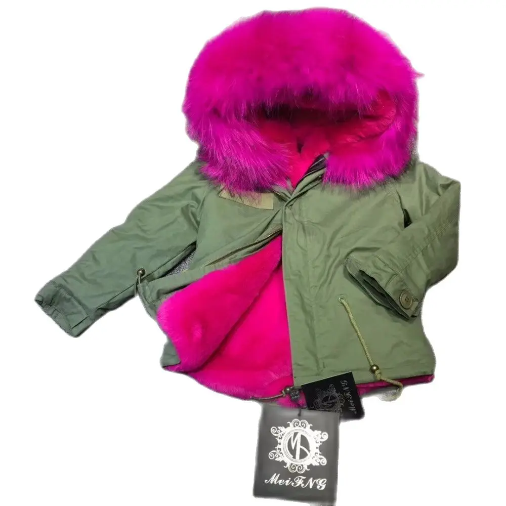 

Girls Fashion Style Rose Red Faux Fur Parka For Kids Big Fur Collar Trim Overcoat