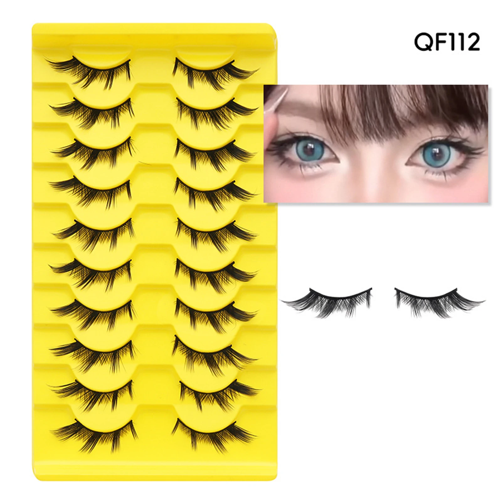 10 pares de cílios postiços graduados amarelos, tiras completas, 8-16mm, misturados, cachos c, fibra preta, leve, maquiagem cosplay