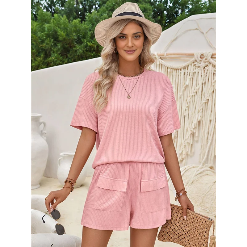 Conjuntos de pantalones cortos a juego con bolsillos de punto para mujer, conjunto de 2 piezas con cuello redondo para otoño, conjuntos de salón de manga corta de verano