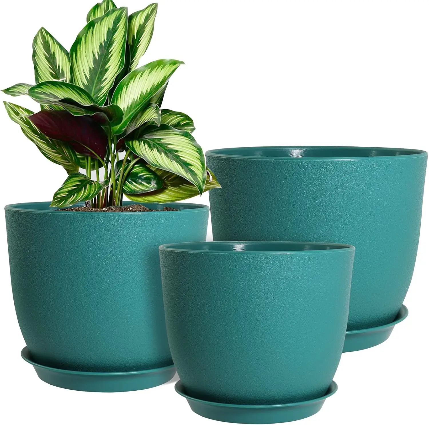 

Plant Pots 10/9/8 inch, Set of 3 Modern Decorative Plastic Planters with Drainage Holes and Saucers for House Plants Ind