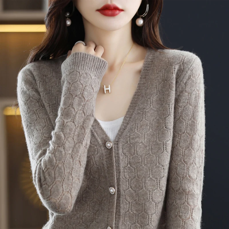 2023 Spring New Women\'s Cardigan 100% Pure Wool Knitted Sweater V-Neck Hollow Out Shirt Female Solid Color Casual Jacket