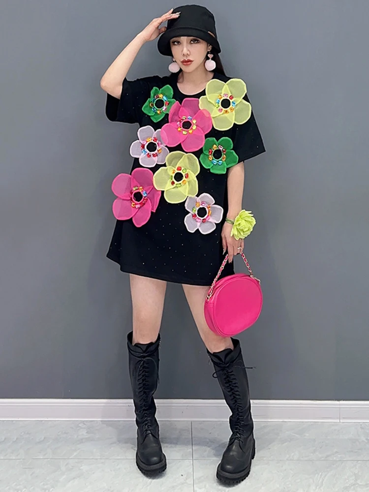 SHENGPALAE Three-d Colorful Flower Spliced T-shirt For Women Spring Fashion Niche Design Short Sleeve Casual Tees 2024 New R8809