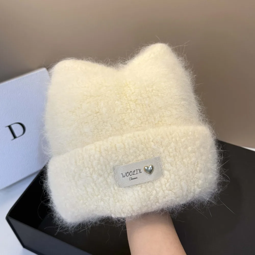 หมวกไหมพรมขนกระต่ายแองโกร่าสำหรับผู้หญิงฤดูหนาว กันหนาว อุ่น หูแมว น่ารัก ​