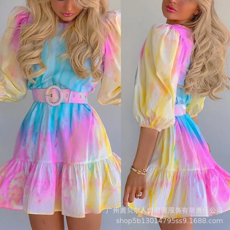 

Summer Sweet Ruffle Dress High Waist Slim Fits Y2K Tie-Dye Color Dress Belt O-neck Short Sleeve A-line Cute Ladies Dress