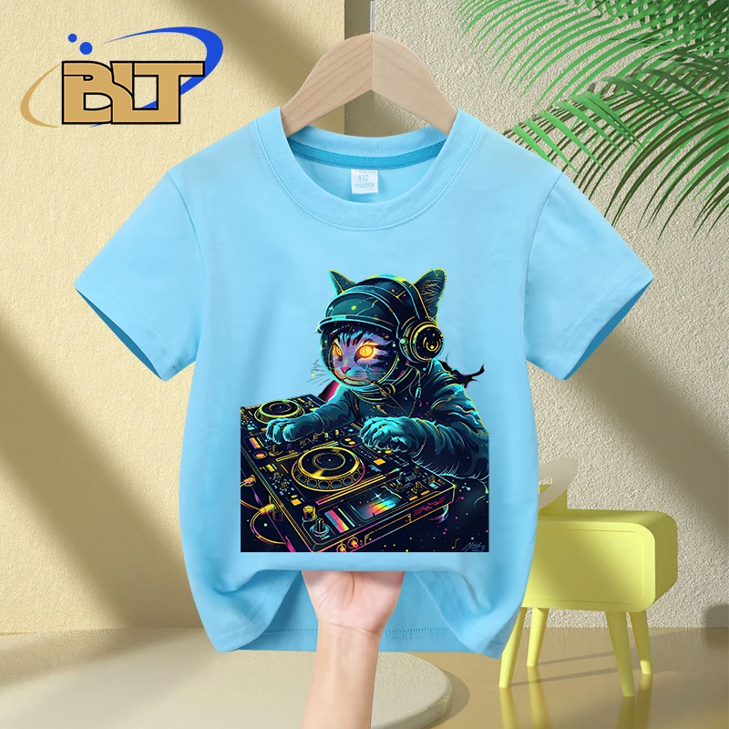 DJ Cat Print Kinder T-Shirt Sommer Kinder reine Baumwolle kurz ärmel ige lässige Tops Jungen und Mädchen Geschenke